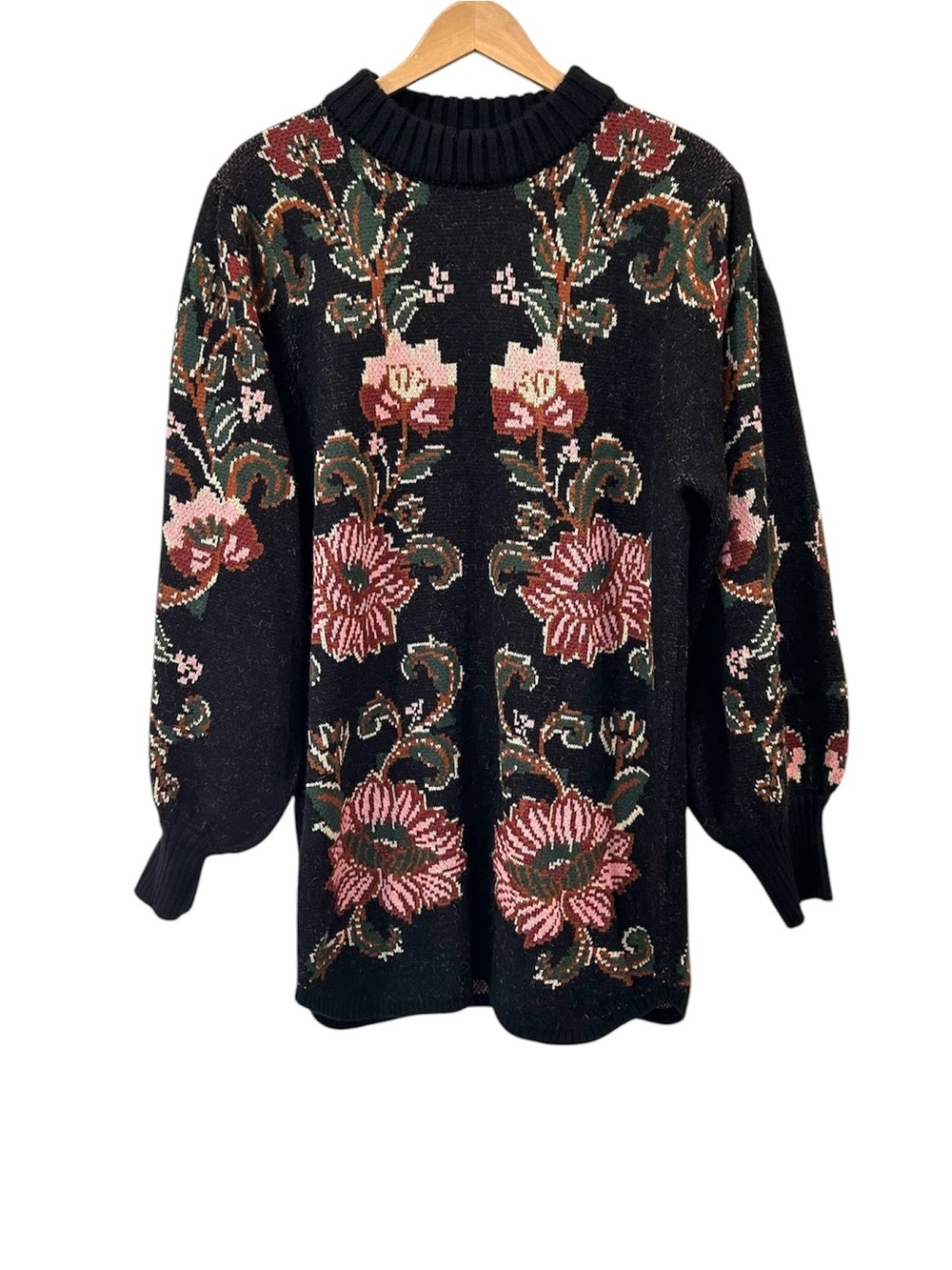 Farm Rio Ravenala Knit Mini sweater Dress M black floral balloon sleeves NWT